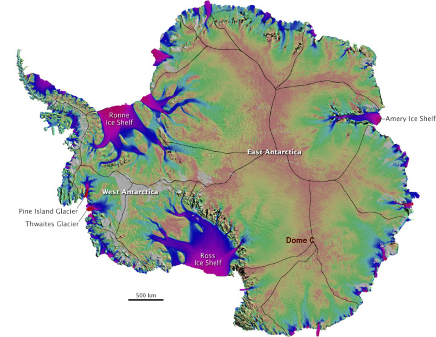 Ice velocities in Antarctica, from Rignot et al., 2011 via NASA's Earth Observatory. Tan colors indicate slow ice, generally desirable for ice cores.